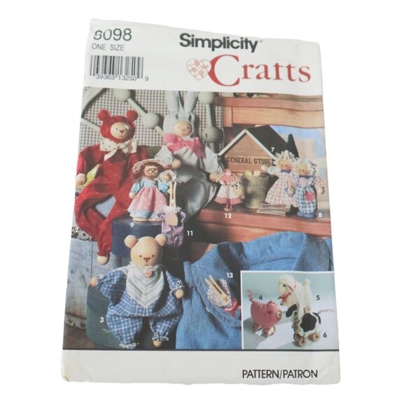 Simplicity 8098 Sewing Pattern Wooden Spool Dolls Bear Rabbit Sheep Pig Cow - Picture 1 of 2